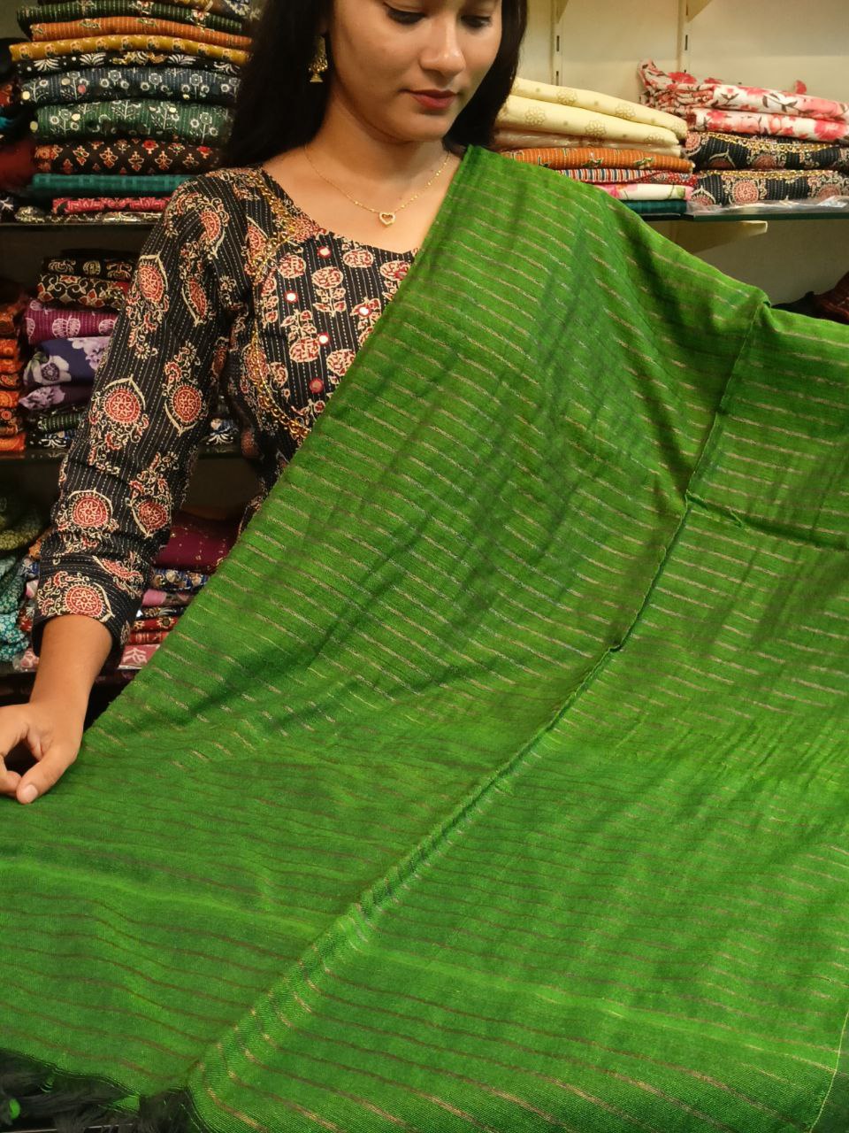 PAVITHRA02 - Pavithra saree green shade with antique jeri stripes