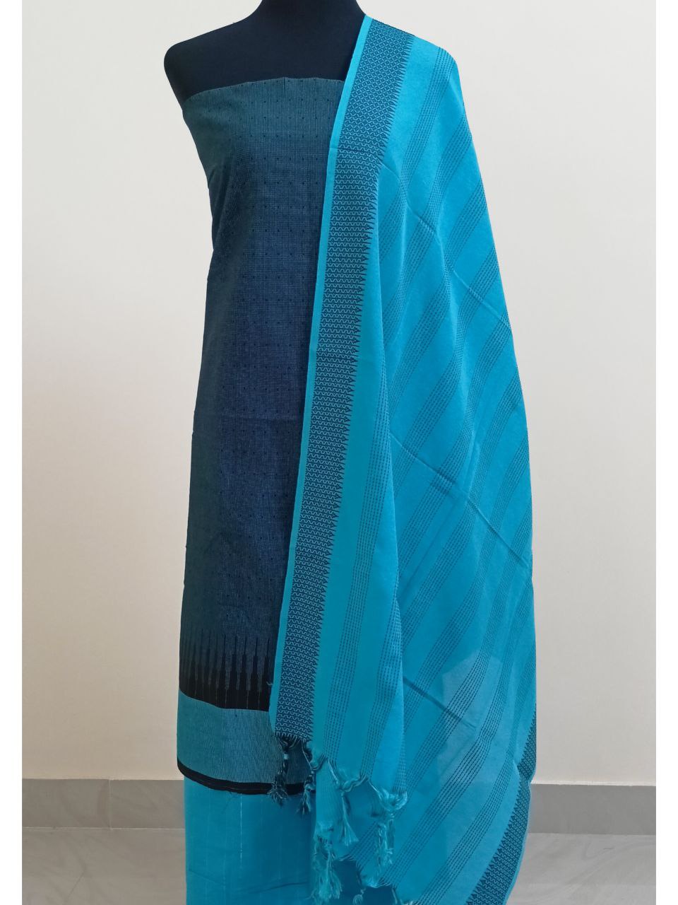 SC2328 - Khadi cotton salwar materials, Black and sky blue