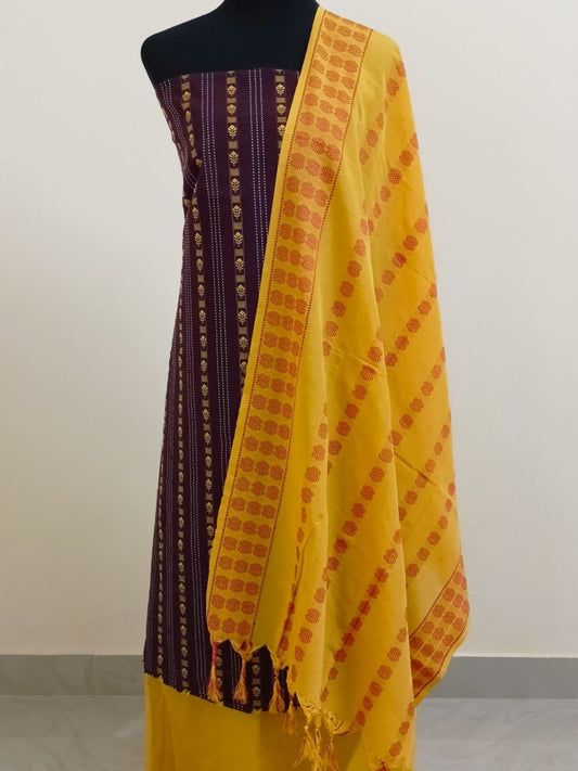 SC2325 - Khadi cotton salwar materials, Coffee and yellow