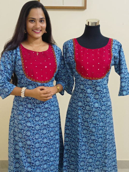 SC2330 - Stylish Aline Indigo Blue Cotton Kurtis with Red Slub Silk Patchwork and Handwork