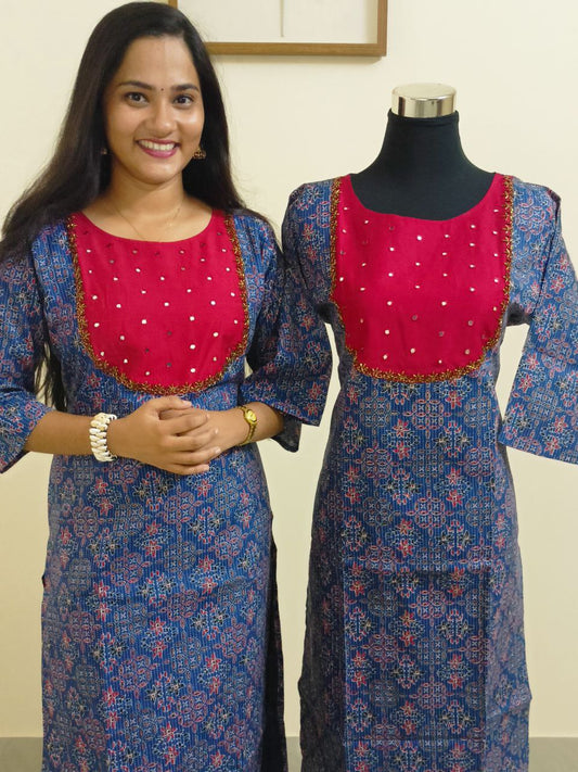 SC2342 - Stylish Indigo Blue Cotton Kurtis with Red Slub Silk Patchwork and Handwork