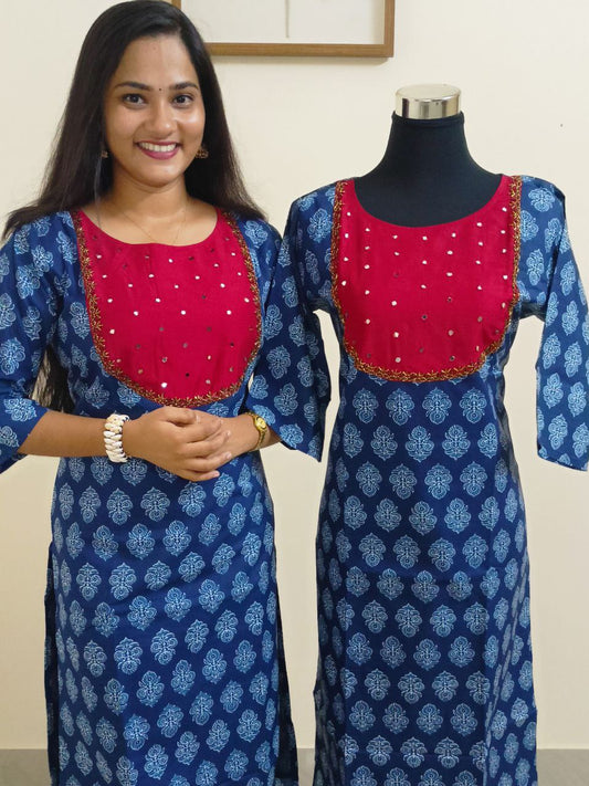 SC2336 - Stylish Indigo Blue Cotton Kurtis with Red Slub Silk Patchwork and Handwork