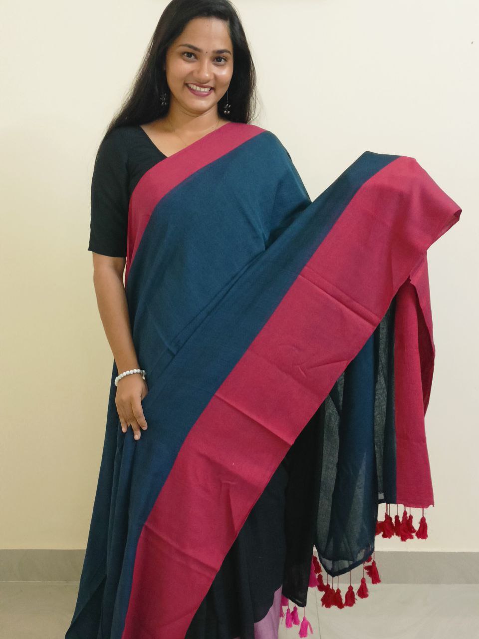 SARANGI03 - Rama green with maroon dual shade Asymmetric Grace Sarangi Mul Cotton Sarees